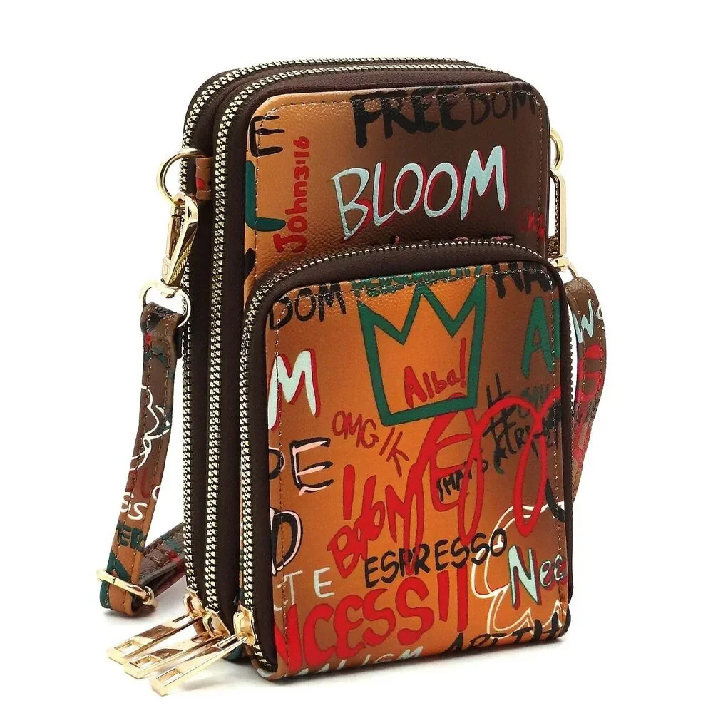 Trendy Graffiti Print Cell Phone Purse Crossbody Bag